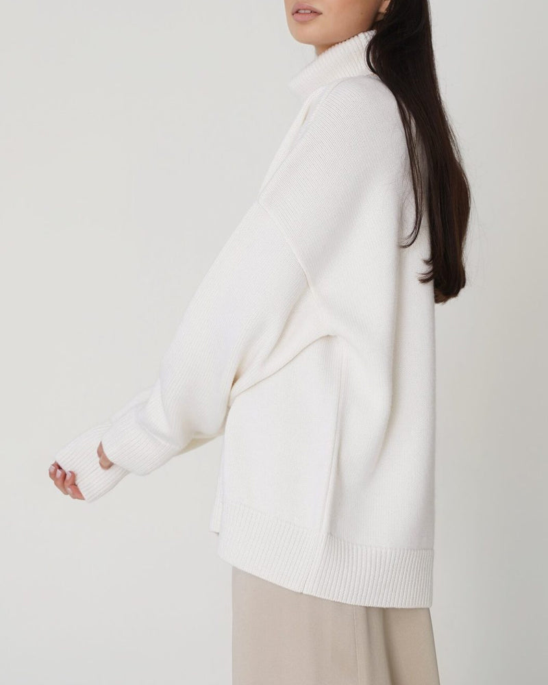 Damen Oversize Pullover Lässig Hochhalter Beige