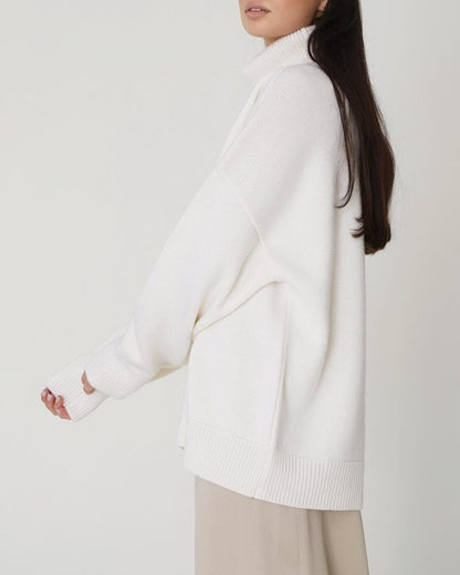 Damen Oversize Pullover Lässig Hochhalter Beige