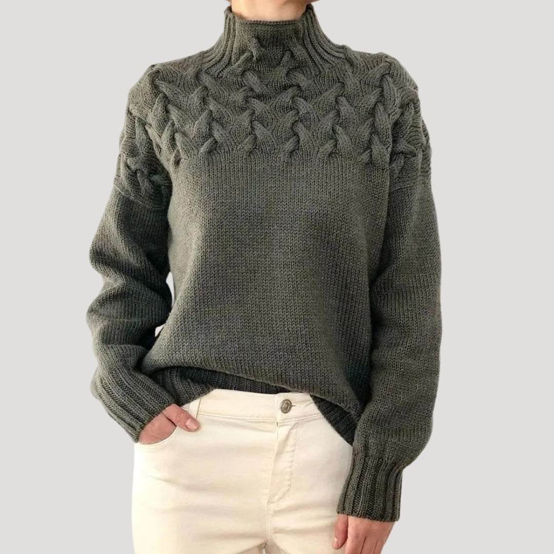 Damen Strickpullover Zopfmuster Hochkragen Beige