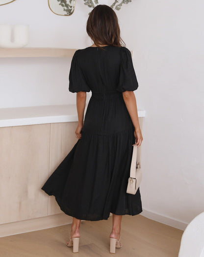 Damen Sommer-Midikleid V-Ausschnitt Puffärmel Einfarbig