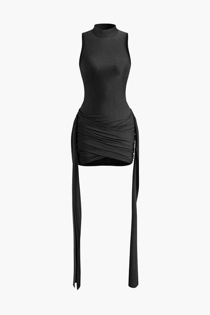Elegantes Damen Minikleid High-Neck Bodycon mit Drapierung