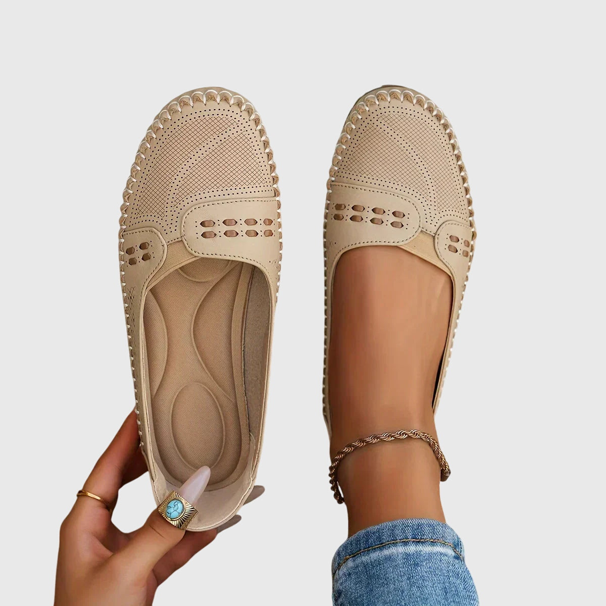 Damen Lässige Loafer Perforiert Beige - Norvielle
