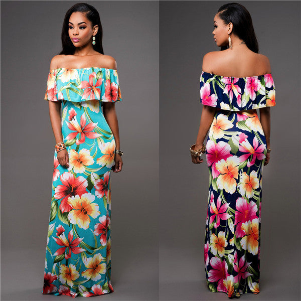 Damen Maxikleid Off-Shoulder Ausschnitt Floralmuster - Norvielle