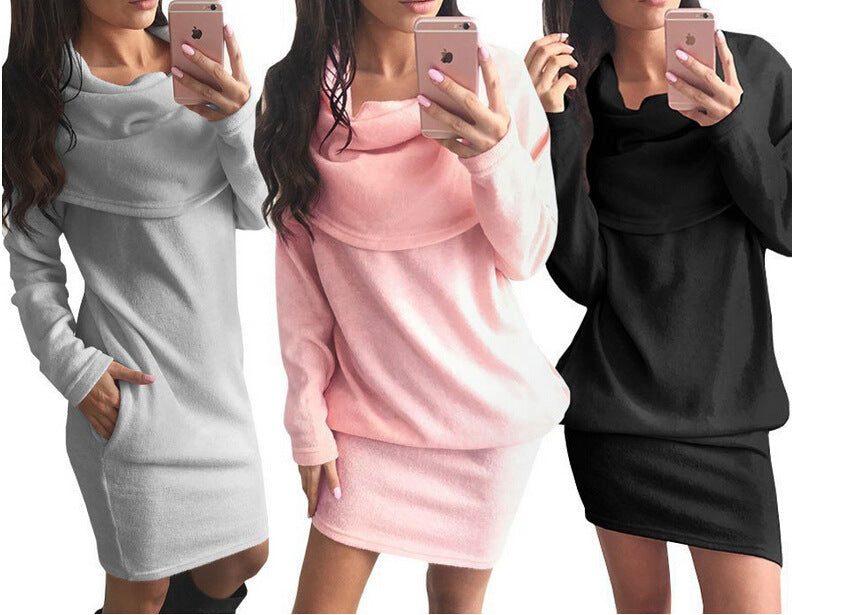 Damen Kapuzenkleid aus Kuschelfleece mit Taschen Schwarz - Norvielle