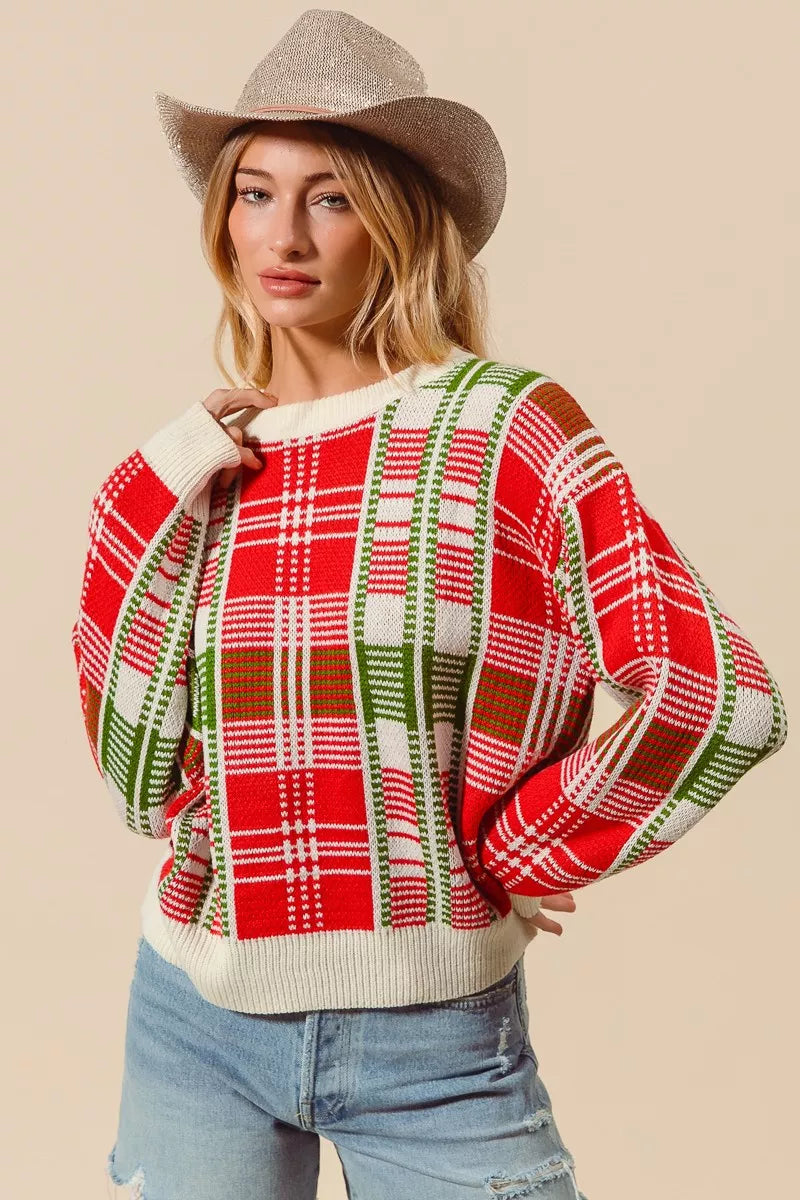 Weihnachtspullover Damen Karierter Rot Grün Rundhals - Norvielle