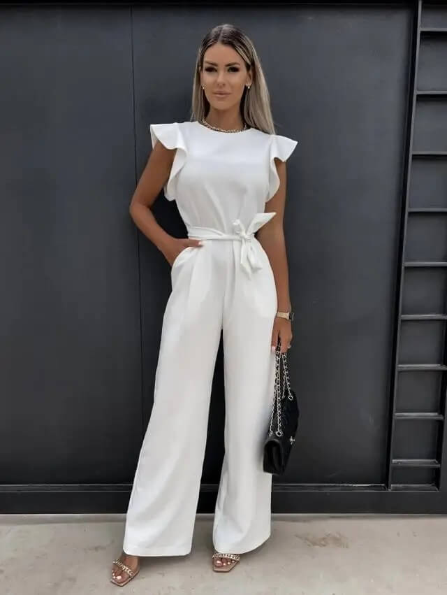 Eleganter Damen Jumpsuit mit Schmetterlingsärmeln und Bindegürtel