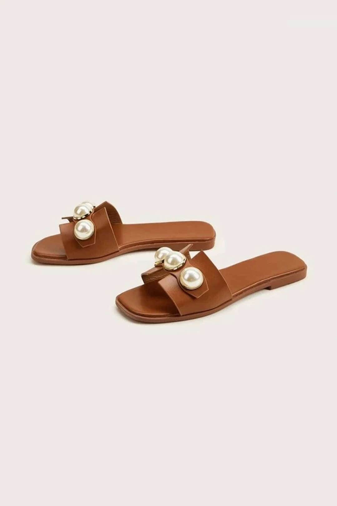 Damen Leder Slides Leicht Perlenverzierung Schwarz - Norvielle