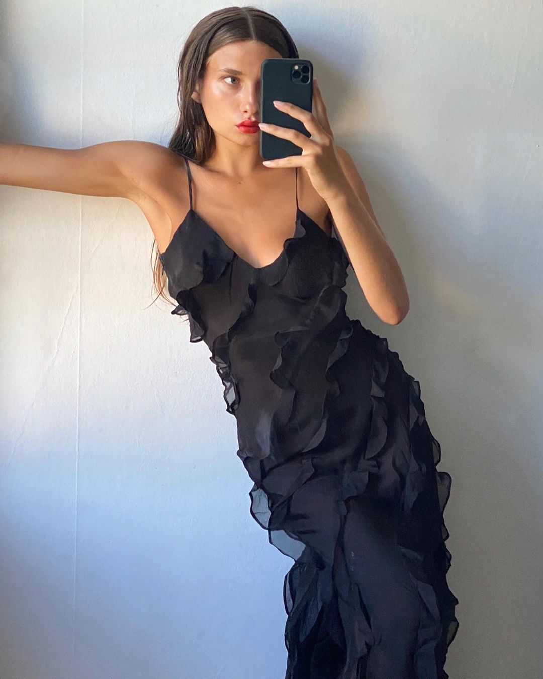 Damen Maxikleid Rüschen Abendkleid Spaghettiträger