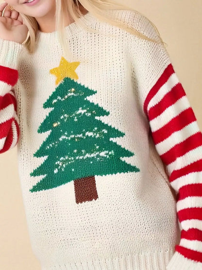 Weihnachtspullover Damen Rundhals Elfenbeinrot Streifen