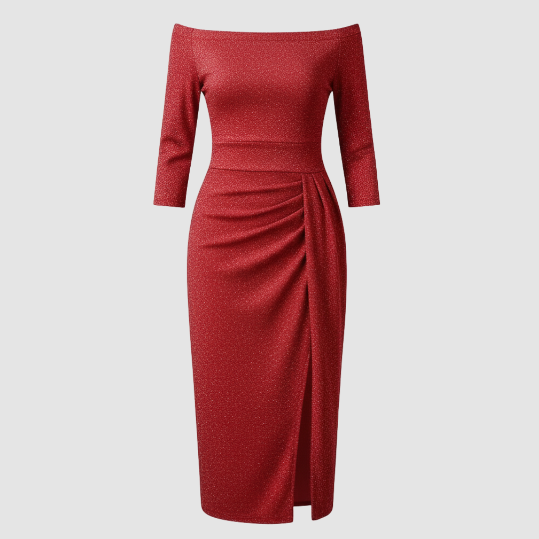 Elegantes Damen Hochzeitsgastkleid Off-Shoulder Lang Satin