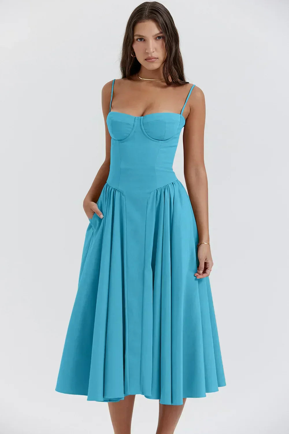 Damen Midikleid Träger Freirücken Kleid