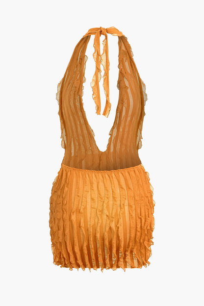 Damen Minikleid Transparent Falten Tiefes Dekolleté