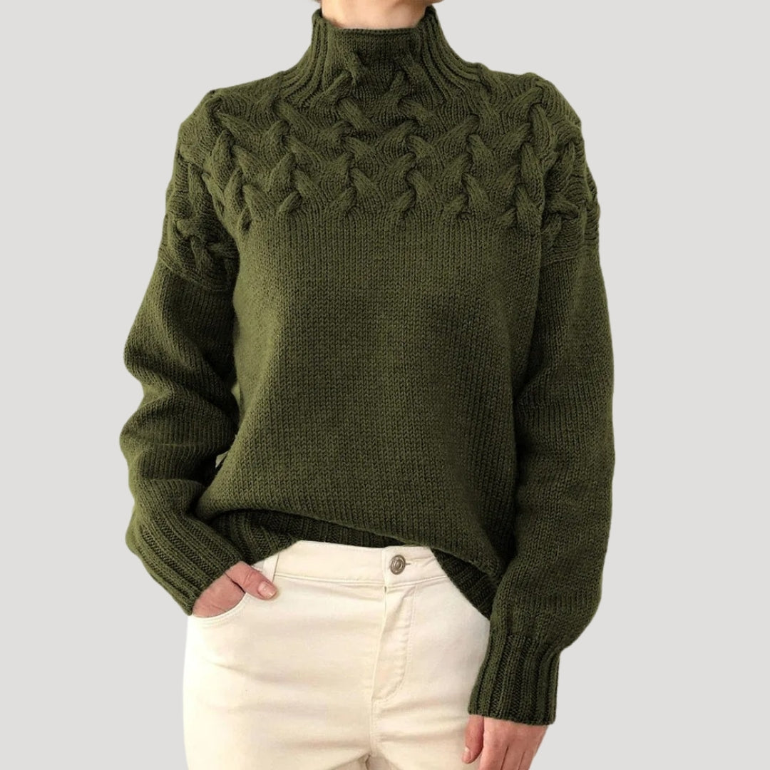 Damen Strickpullover Zopfmuster Hochkragen Beige