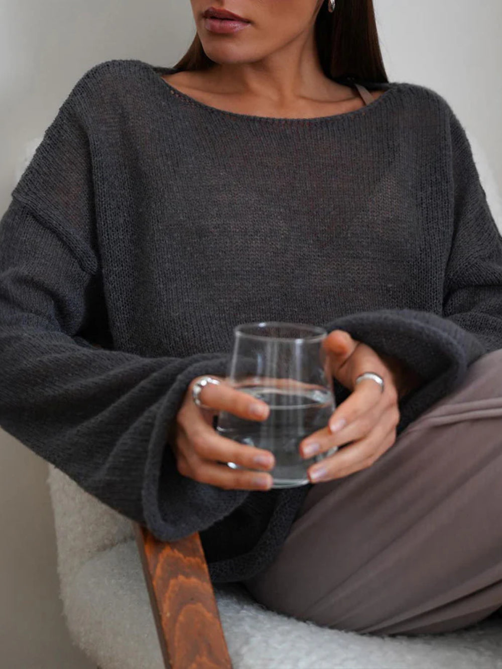 Elayne Damen Oversize Strickpullover Luftig Weite Ärmel