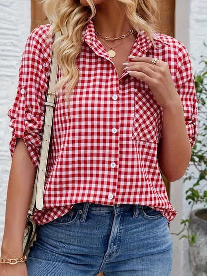 Damen Karobluse Umlegekragen Knopfleiste Elegante Bürobluse Ärmel - Norvielle