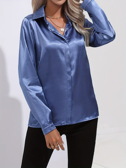 Avelyn Damen Satin-Bluse Reverskragen Knopfleiste Eleganz
