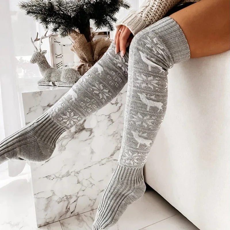 Weihnachtssocken Damen Lang Gestrickt Warm Überknie