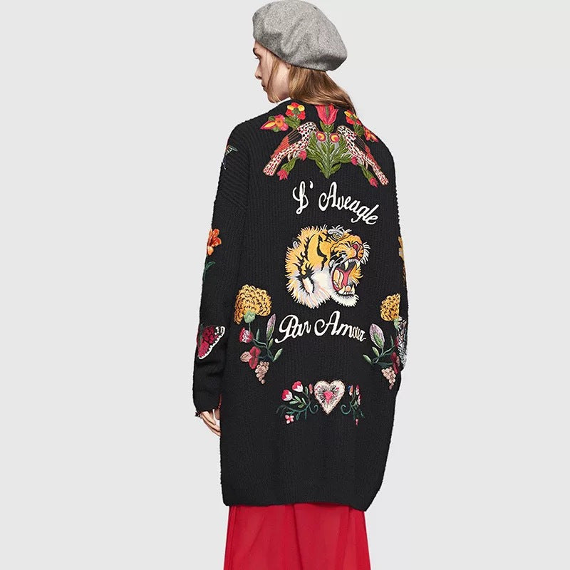 Damen Strickjacke Floralmuster Hochwertige Knöpfe Beige
