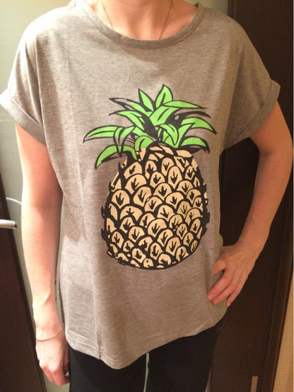 Damen T-Shirt Ananas-Motiv Baumwolle Lässig Weiß