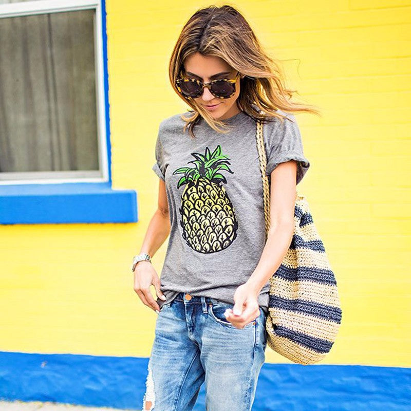 Damen T-Shirt Ananas-Motiv Baumwolle Lässig Weiß