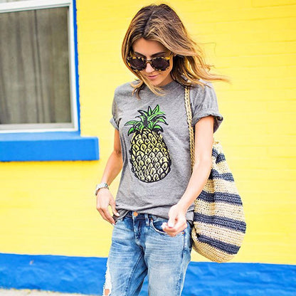 Damen T-Shirt Ananas-Motiv Baumwolle Lässig Weiß