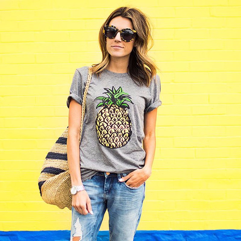 Damen T-Shirt Ananas-Motiv Baumwolle Lässig Weiß - Norvielle