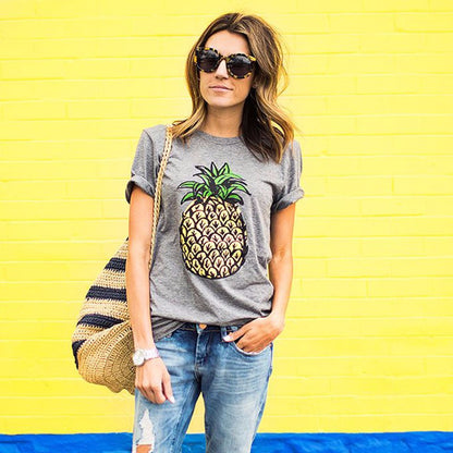 Damen T-Shirt Ananas-Motiv Baumwolle Lässig Weiß - Norvielle