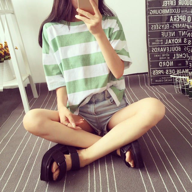 Damen Oversize T-Shirt Baumwollmix Streifen Leicht