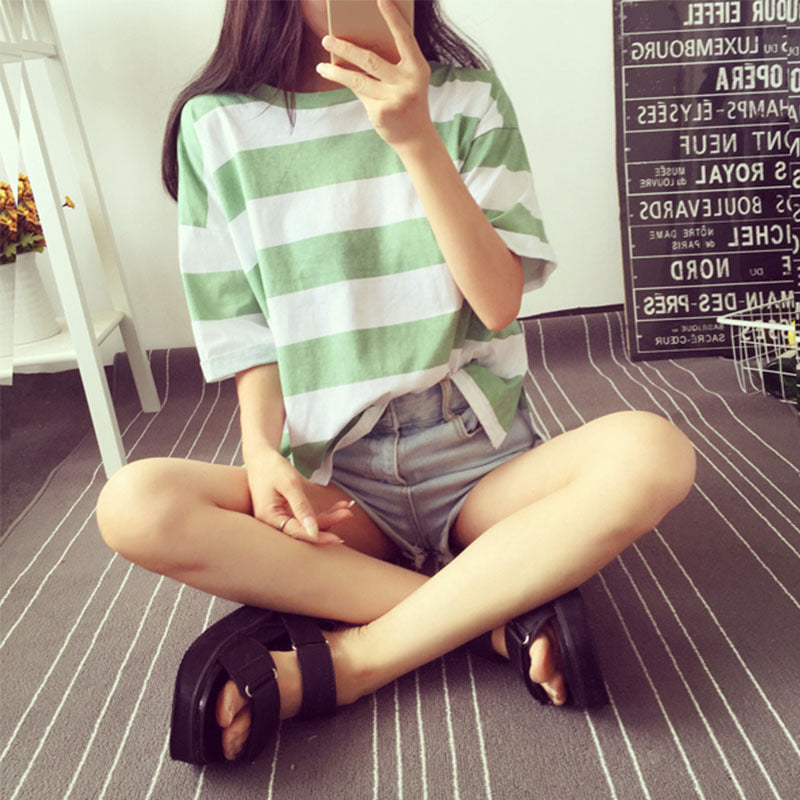 Damen Oversize T-Shirt Baumwollmix Streifen Leicht