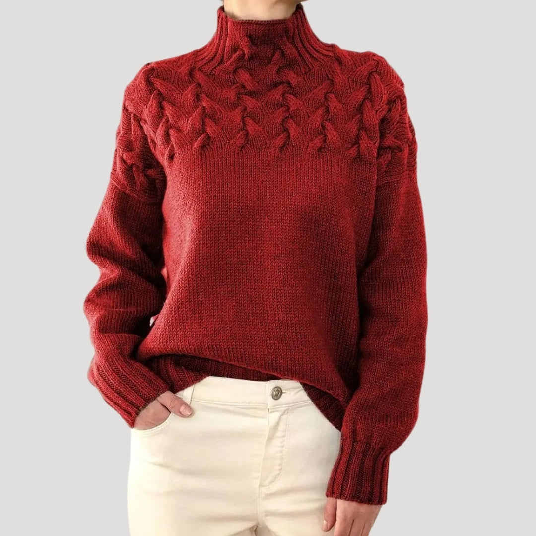 Damen Strickpullover Zopfmuster Hochkragen Beige