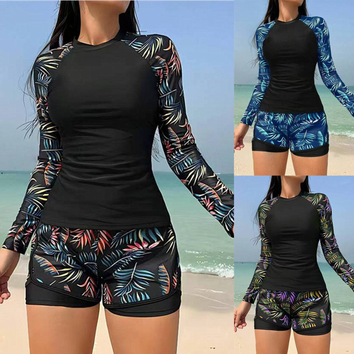 Norvielle Damen Langarm Tankini Badeanzug Doppelhose Schwarz - Norvielle