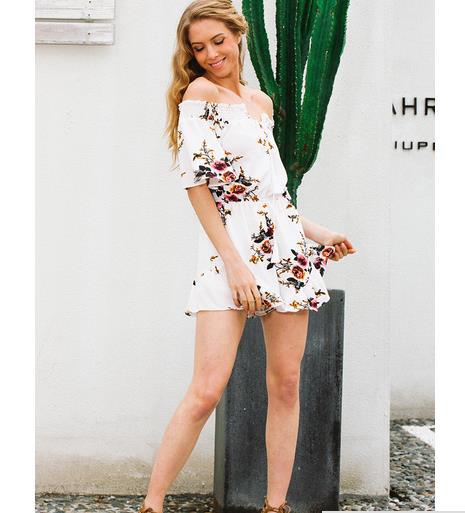 Damen Off-Shoulder-Playsuit Florales Design Rüschendetails