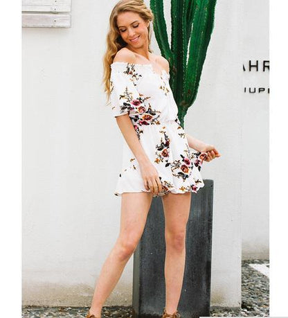 Damen Off-Shoulder-Playsuit Florales Design Rüschendetails