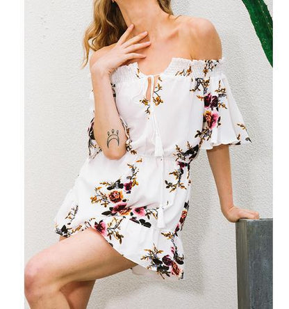 Damen Off-Shoulder-Playsuit Florales Design Rüschendetails