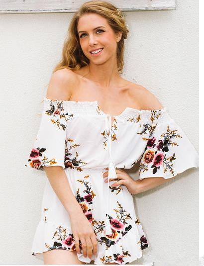 Damen Off-Shoulder-Playsuit Florales Design Rüschendetails - Norvielle