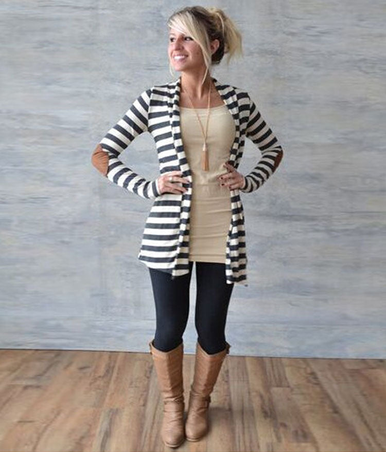 Damen Strickcardigan Lässig Ellbogenpatches Beige