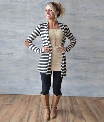 Damen Strickcardigan Lässig Ellbogenpatches Beige