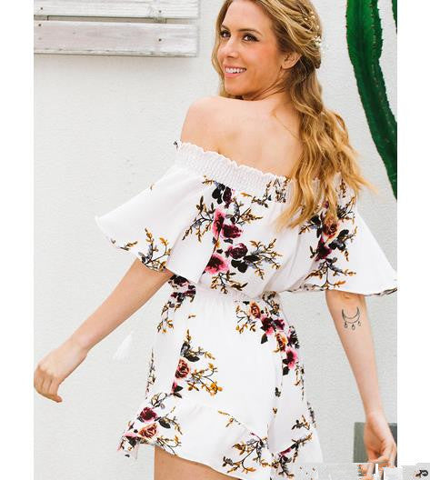 Damen Off-Shoulder-Playsuit Florales Design Rüschendetails