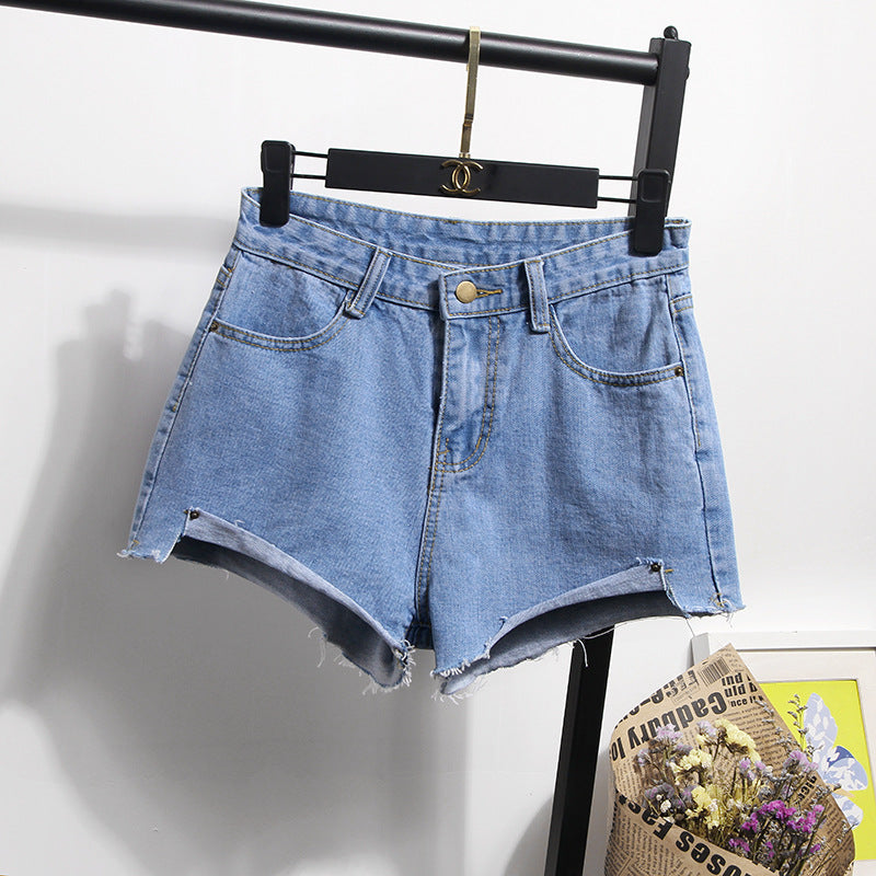 Damen Jeansshorts Hochbund Fransensaum Blau - Norvielle