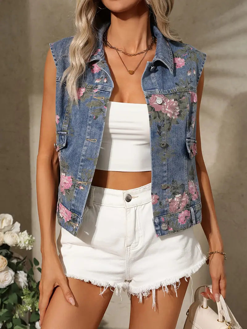 Kurzana Damen Ärmellose Jeansweste Blumen-Print Lockere Passform