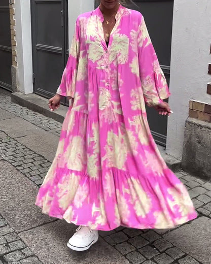 Damen Maxi-Kleid mit Blumenprint Volantärmeln Stehkragen Leicht