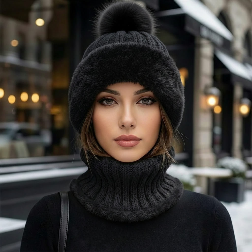 Lunara Damen 2-in-1 Wintermütze Kunstfell Schal