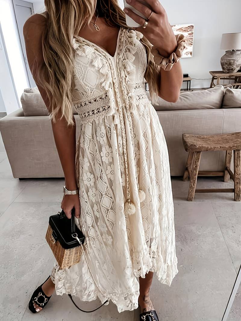 Damen Maxi-Sommerkleid Spaghettiträger V-Ausschnitt Boho-Stil