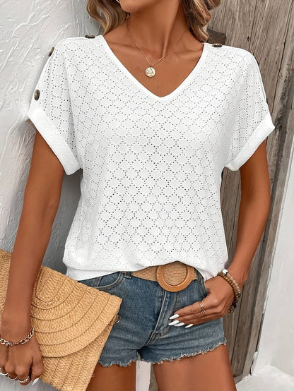 Norvielle Damen T-Shirt Ösenknopf V-Ausschnitt