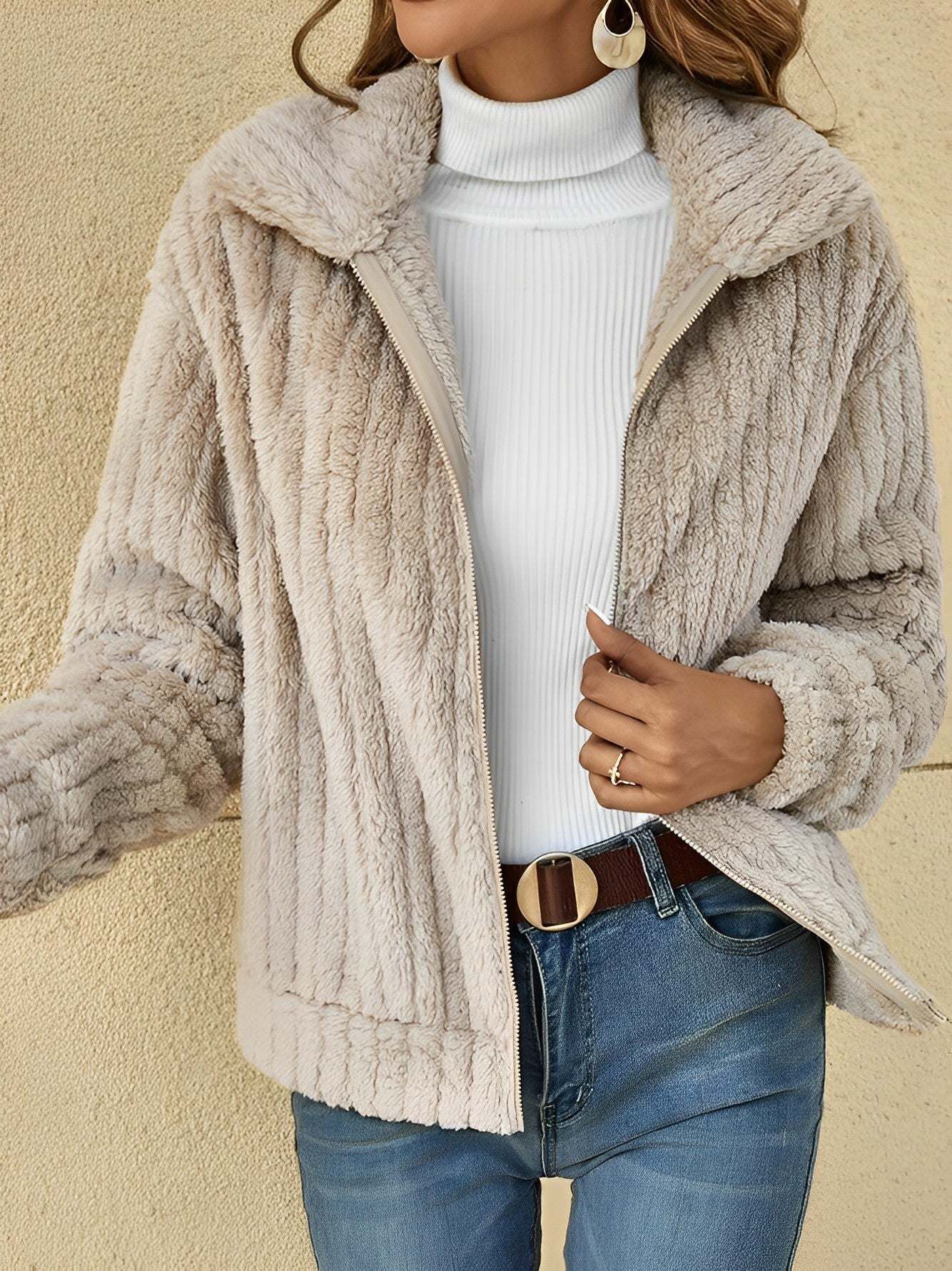 Damen Teddyjacke Kurz Kuschelig Reißverschluss Beige - Norvielle
