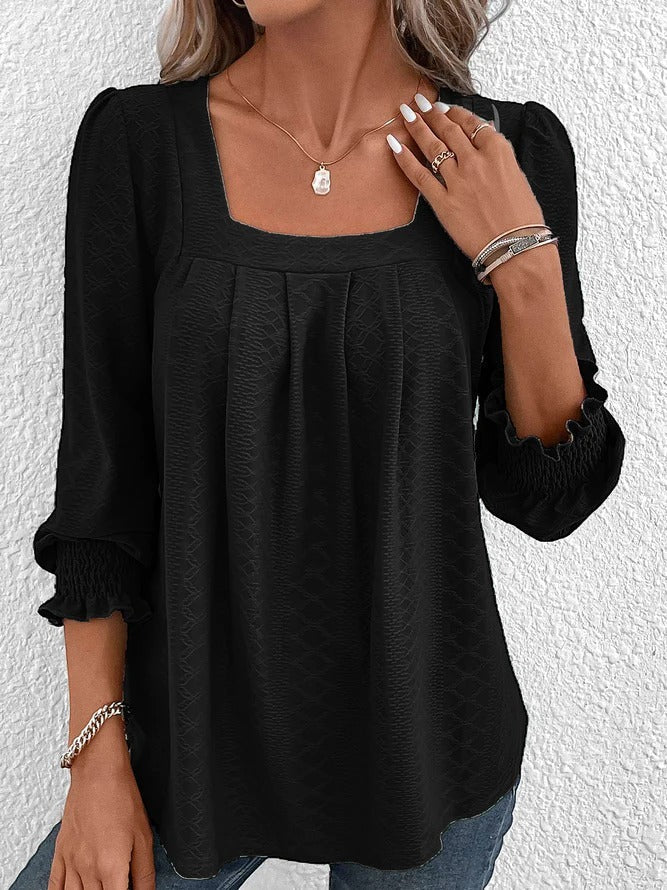 Norvielle Damen Baumwollbluse Eckiger Ausschnitt