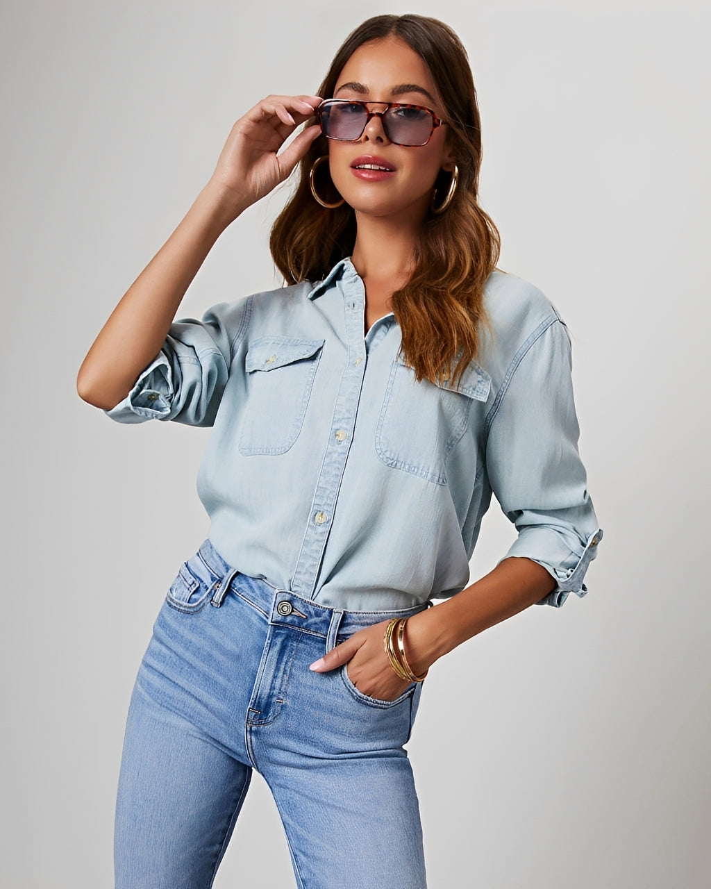 Damen Jeanshemd Langärmelig Klassisch Blau - Norvielle