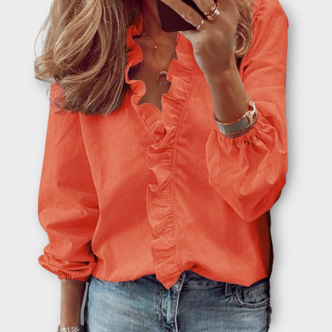 Damen Bluse Rüschen V-Ausschnitt Langarm Bluse Weiße Bluse