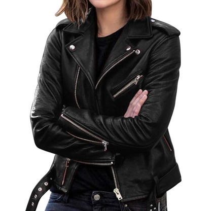 Damen Bikerjacke Leder Gürtel Reißverschluss