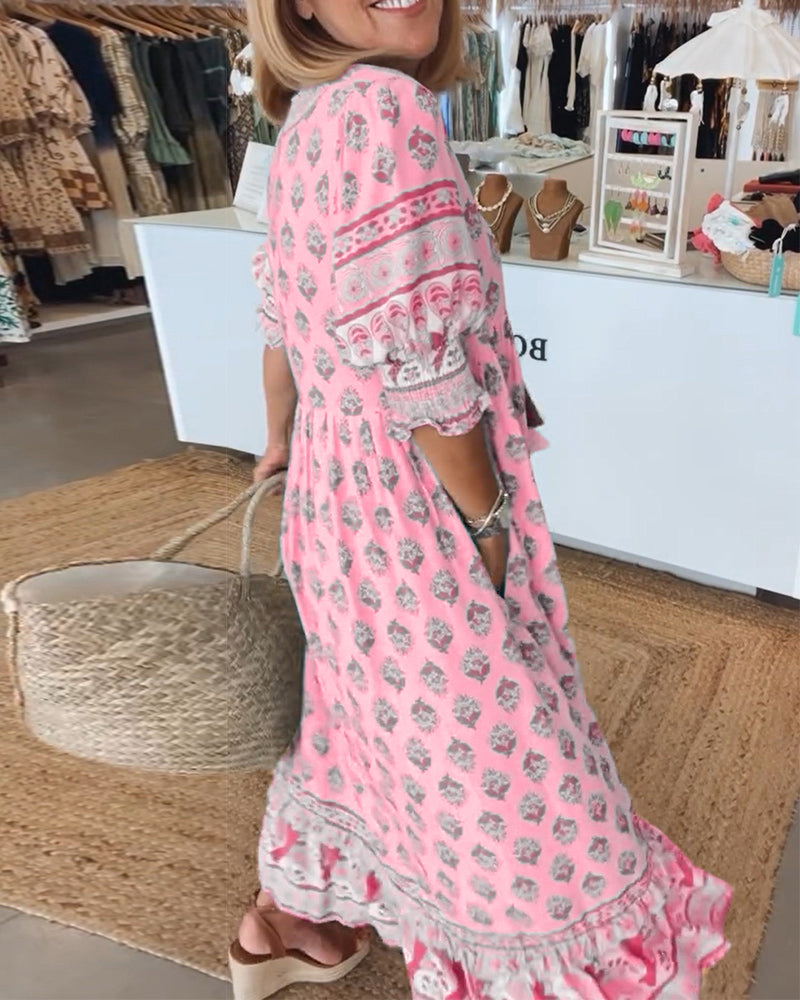 Damen Bedrucktes Sommerkleid V-Ausschnitt Halbärmel